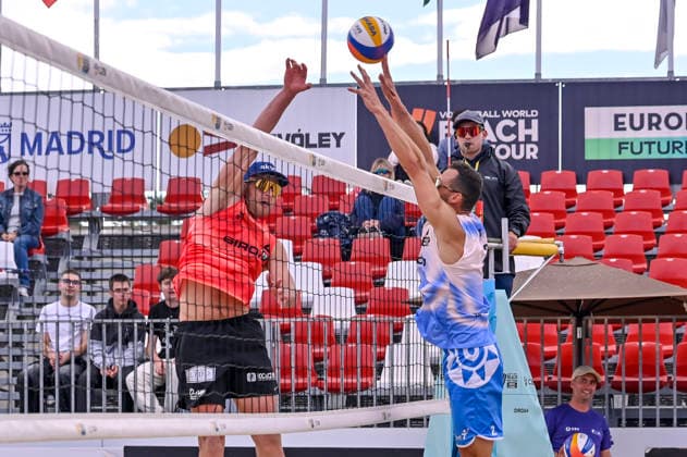 May 10, 2026, Madrid, Madrid, Spain: GUSTAVS AUZINS of Lithuania and NATHAN MATOS of Spain during the men s Quarterfinals match between the Lithuania national team, Nationalteam and the Spanish national team, held at the Beach Pro Tour Futures Madrid 2026 at the Parque Deportivo Puerta de Hierro on May 9, 2026, in Madrid, Spain. Beach Pro Tour Futures Madrid 2026 (Men s) - 05.09.26 (Day Three)  - ZUMAc312 20260510_zsp_c312_126 Copyright: xOscarxManuelxSanchezx