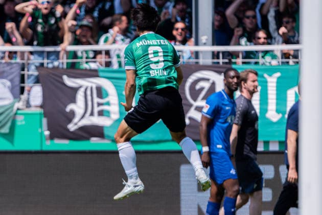 Münster, Deutschland 10. Mai 2026: 2. BL - 2025 2026 - Sp. 33 - SC Preußen Münster gegen SV Darmstadt 98 Im Bild: Shin Yamada (PRM) jubelt nach seinem Tor zum 1:0 DFL DFB regulations prohibit any use of photographs as image sequences and or quasi-video LVM Preussenstadion Nordrhein Westfalen