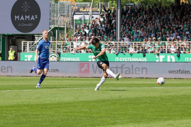 10.05.2026, xgrfx, Fussball 2.Bundesliga, Preußen Münster - SV Darmstadt 98 v.l. Tor, Shin Yamada zum 1:0 (Preußen Münster) (DFL DFB REGULATIONS PROHIBIT ANY USE OF PHOTOGRAPHS as IMAGE SEQUENCES and or QUASI-VIDEO) Münster