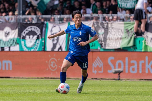 Münster, Deutschland 10. Mai 2026: 2. BL - 2025 2026 - Sp. 33 - SC Preußen Münster gegen SV Darmstadt 98 Im Bild: Hiroki Akiyama (Darmstadt) DFL DFB regulations prohibit any use of photographs as image sequences and or quasi-video LVM Preussenstadion Nordrhein Westfalen