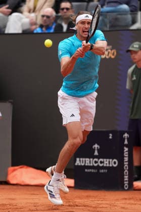 Alexander Zverev of Germany in action during his match against Alexander Blockx of Belgium at the Internazionali BNL d Italia 2026 tennis tournament at Foro Italico in Rome (Italy) on May, 10, 2026. AntoniettaxBaldassarre