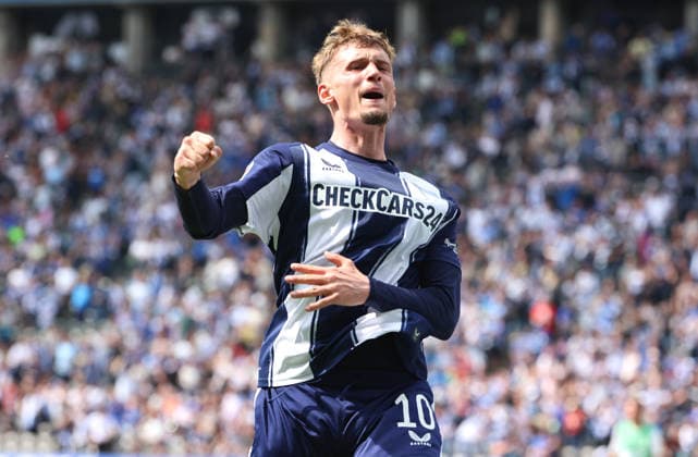 Michael Cuisance jubelt nach Tor zum 2:0 Freude Emotion Jubel Fußball Fussball DFL 2.Bundesliga Herren 33.Spieltag Saison 2025 2026 10.05.2026 Hertha BSC Berlin vs. SpVgg Greuther Fürth DFL regulations prohibit any use of photographs as image sequences and or quasi-video