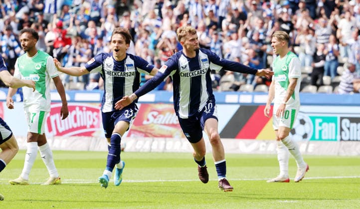 Michael Cuisance jubelt nach Tor zum 2:0 Freude Emotion Jubel Fußball Fussball DFL 2.Bundesliga Herren 33.Spieltag Saison 2025 2026 10.05.2026 Hertha BSC Berlin vs. SpVgg Greuther Fürth DFL regulations prohibit any use of photographs as image sequences and or quasi-video