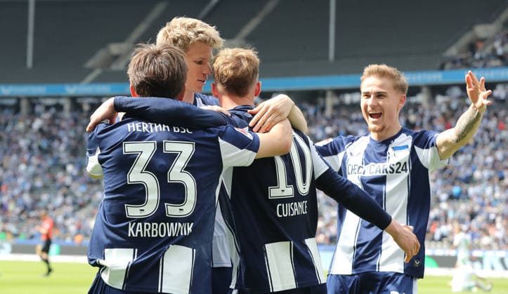 Michael Cuisance jubelt nach Tor zum 2:0 Freude Emotion Jubel Fußball Fussball DFL 2.Bundesliga Herren 33.Spieltag Saison 2025 2026 10.05.2026 Hertha BSC Berlin vs. SpVgg Greuther Fürth DFL regulations prohibit any use of photographs as image sequences and or quasi-video