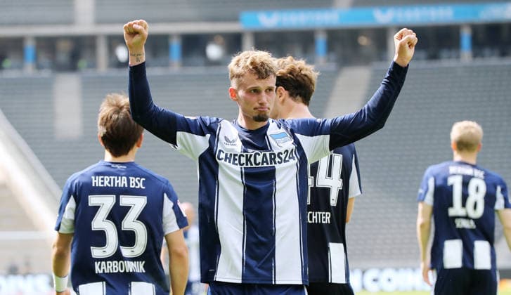 Michael Cuisance jubelt nach Tor zum 2:0 Freude Emotion Jubel Fußball Fussball DFL 2.Bundesliga Herren 33.Spieltag Saison 2025 2026 10.05.2026 Hertha BSC Berlin vs. SpVgg Greuther Fürth DFL regulations prohibit any use of photographs as image sequences and or quasi-video