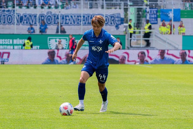 Münster, Deutschland 10. Mai 2026: 2. BL - 2025 2026 - Sp. 33 - SC Preußen Münster gegen SV Darmstadt 98 Im Bild: Yosuke Furukawa (Darmstadt) DFL DFB regulations prohibit any use of photographs as image sequences and or quasi-video LVM Preussenstadion Nordrhein Westfalen
