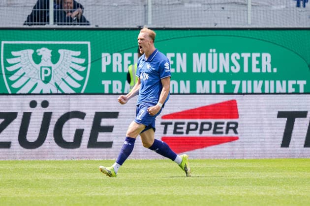 10.05.2026, xgrfx, Fussball 2.Bundesliga, Preußen Münster - SV Darmstadt 98 v.l. Tor, Isac Lidberg zum 1:1 (SV Darmstadt) (DFL DFB REGULATIONS PROHIBIT ANY USE OF PHOTOGRAPHS as IMAGE SEQUENCES and or QUASI-VIDEO) Münster