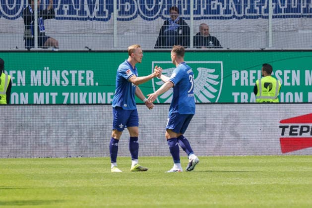 10.05.2026, xgrfx, Fussball 2.Bundesliga, Preußen Münster - SV Darmstadt 98 v.l. Tor, Isac Lidberg zum 1:1 (SV Darmstadt) (DFL DFB REGULATIONS PROHIBIT ANY USE OF PHOTOGRAPHS as IMAGE SEQUENCES and or QUASI-VIDEO) Münster