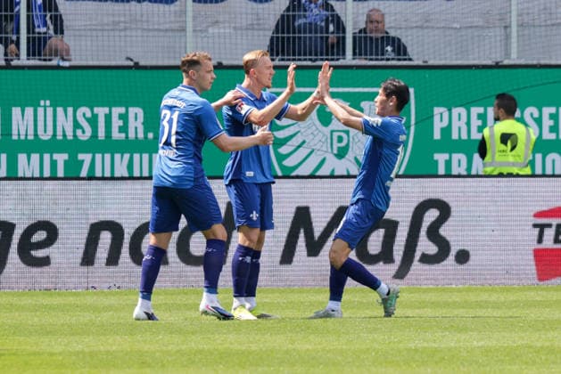 10.05.2026, xgrfx, Fussball 2.Bundesliga, Preußen Münster - SV Darmstadt 98 v.l. Tor, Isac Lidberg zum 1:1 (SV Darmstadt) (DFL DFB REGULATIONS PROHIBIT ANY USE OF PHOTOGRAPHS as IMAGE SEQUENCES and or QUASI-VIDEO) Münster