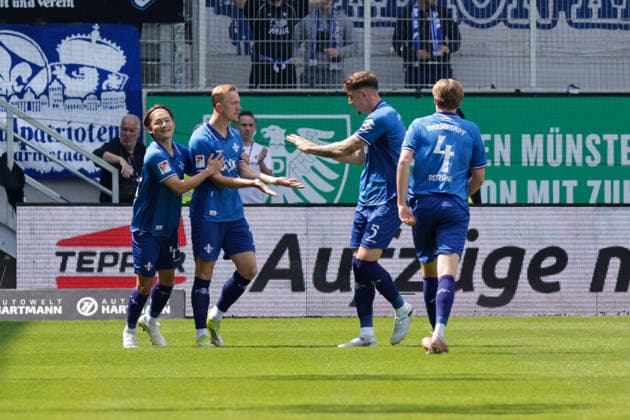 10.05.2026, xgrfx, Fussball 2.Bundesliga, Preußen Münster - SV Darmstadt 98 v.l. Tor, Isac Lidberg zum 1:1 (SV Darmstadt) (DFL DFB REGULATIONS PROHIBIT ANY USE OF PHOTOGRAPHS as IMAGE SEQUENCES and or QUASI-VIDEO) Münster