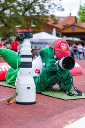 2. Frauen-Bundesliga: VfB Stuttgart vs. Vfl Wolfsburg II; 10.05.2026 Stuttgart, GERMANY - 10. Mai 2026: Das Maskottchen Fritze als Fotograf während dem Match zwischen dem VfB Stuttgart und dem Vfl Wolfsburg II am 25. Spieltag der 2. Frauen-Bundesliga auf dem Sportgelände des PSV Stuttgart. Copyright: xBEAUTIFULxSPORTS Steinx