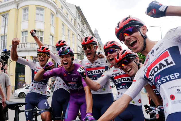 Paul Magnier (Soudal Quick-Step) winner stage celebrates with Team Soudal Quick-Step during Stage 3 of the Giro d™Italia, from Plovdiv to Sofia, Bulgaria, Sunday, May 10, 2026.  Copyright: xFabioxFerrari LaPressex