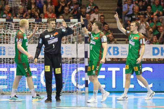 10.05.2026, xgox, Handball - Daikin HBL SC Magdeburg - Handball Verein Hamburg emspor, v.l. Magnus Saugstrup (Magdeburg, 23), Sergey Hernandez Ferrer (Magdeburg, 1), Elvar Oern Jonsson (Magdeburg, 19), Felix Claar (Magdeburg, 7) Jubel, Torjubel, jubelt ueber das Tor, celebrate the goal, celebration Magdeburg