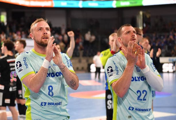 10.05.2026 - Handball - 1. Bundesliga DAIKIN HBL - Saison 2025 2026 - 31. Spieltag: HC Erlangen Metropolregion Nürnberg HCE - VfL Gummersbach - OGo - xogox - Lukas Blohme (8, VfL Gummersbach ) Kentin Mahe (22, VfL Gummersbach ) Jubel Freude nach Spielende