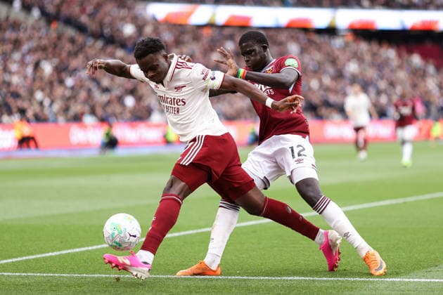 West Ham United v Arsenal 10 May 2026, London - Premier League Football - West Ham United v Arsenal - Bukayo Saka of Arsenal and El Hadji Malick Diouf of West Ham United - Photo: Jacques Feeney Offside. London UK Copyright: xJacquesxFeeneyx xOffsidexOffside