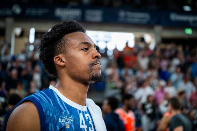 Eric Reed Jr. (43; MLP Academics Heidelberg) in blauem Trikot mit der Nummer 43 fokussiert im Spiel Fokus auf Eric Reed Jr. (43; MLP Academics Heidelberg) in Heidelberg Copyright: xMichaelxGelhardtx