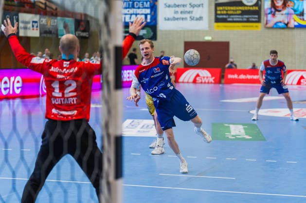 Pau Guitart (HSG Krefeld Niederrhein, 12) im tor beim 7-Meter von Sascha Pfattheicher (HBW Balingen-Weilstetten, 30) HSG Krefeld Niederrhein vs. HBW Balingen-Weilstetten, Handball, 2.HBL, 31.Spieltag, Saison 2025 26, 10.05.2026, HSG Krefeld Niederrhein vs. HBW Balingen-Weilstetten, Handball, 2.HBL, 31.Spieltag, Saison 2025 26, 10.05.2026 Krefeld Copyright: xEibner-Pressefoto LukasxBaldygax EP_LBA
