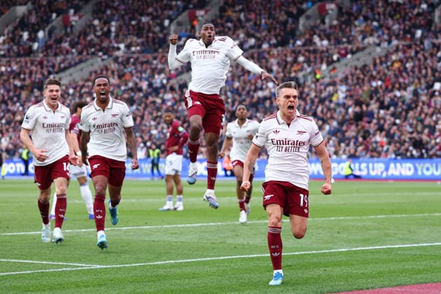 London, England, 10th May 2026. Leandro Trossard of Arsenal celebrates after scoring to make it 1-0 during the West Ham United vs Arsenal Premier League match at the London Stadium, London. Picture credit should read: Paul Terry Sportimage EDITORIAL USE ONLY. No use with unauthorised audio, video, data, fixture lists, club league logos or live services. Online in-match use limited to 120 images, no video emulation. No use in betting, games or single club league player publications. SPI_034_PT_West_Ham_Arsenal SPI-4793-0034