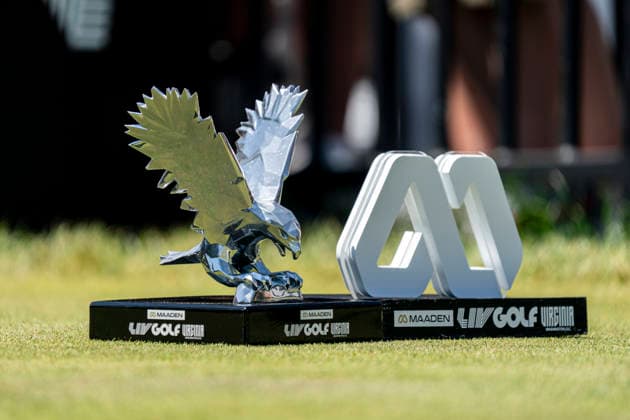 STERLING, VIRGINIA - MAY 10: A close-up photo of Maaden LIV Golf Virginia tee markers during day 4 of LIV Golf Virginia at Trump National Golf Club on May 10, 2026 in Sterling, Virginia. (Photo by Ben Hsu Icon Sportswire) GOLF: MAY 10 LIV Golf Virginia EDITORIAL USE ONLY Icon224260510014