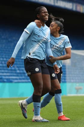Chelsea v Man City Women 10 May 2026, London - Adobe Women™s FA Cup, Semi Final - Chelsea v Manchester City Women - Khadija Shaw of Manchester City celebrates scoring their winning goal in extra time with Kerolin Nicoli of Manchester City - Photo: Charlotte Wilson Offside. London UK Copyright: xCharlottexWilsonx xOffsidexOffside