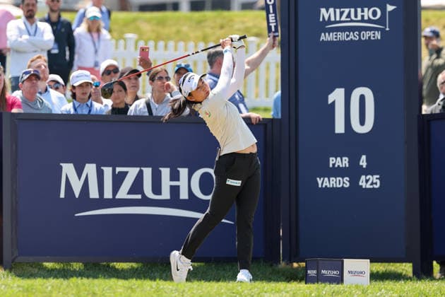 WEST CALDWELL, NJ - MAY 10: Atthaya Thitikul tees off at the tenth tee during the final round of the Mizuho Americas Open on May 10, 2026 at Mountain Ridge Country Club in West Caldwell, New Jersey. (Photo by Andrew Mordzynski Icon Sportswire) GOLF: MAY 10 LPGA, Golf Damen Mizuho Americas Open EDITORIAL USE ONLY Icon2605107765613