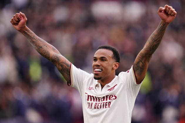 Premier League: West Ham United v Arsenal Gabriel of Arsenal celebrates crucial win during the Premier League match West Ham United vs Arsenal at London Stadium, London, United Kingdom on 10 May 2026 (Photo by Harvey Murphy News Images) Copyright: xHarveyxMurphy NewsxImagesx
