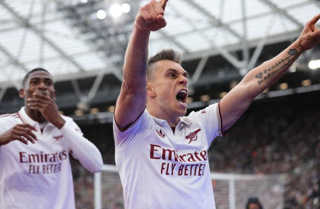 West Ham United v Arsenal, London, UK - 10 May 2026 Goal celebrations for Leandro Trossard of Arsenal during the Premier League match between West Ham United and Arsenal at the London Stadium, London on 10 May 2026. ( London London Stadium London England Copyright: xJoshxSmith PPAUKx PPA-273928