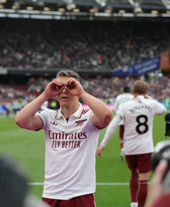 West Ham United v Arsenal, London, UK - 10 May 2026 Goal celebrations for Leandro Trossard of Arsenal during the Premier League match between West Ham United and Arsenal at the London Stadium, London on 10 May 2026. ( London London Stadium London England Copyright: xJoshxSmith PPAUKx PPA-273940