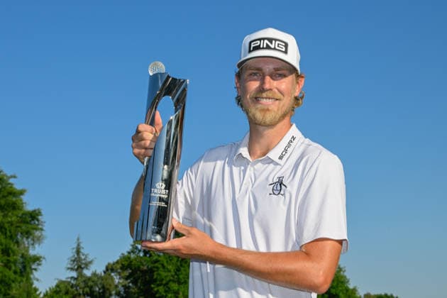 CHARLOTTE, NC - MAY 10: Kristoffer Reitan (NOR) holds the trophy for winning the Truist Championship on May 10, 2026, at the Quail Hollow Club in Charlotte, North Carolina. (Photo by Ken Murray Icon Sportswire) GOLF: MAY 10 PGA, Golf Herren Truist Championship EDITORIAL USE ONLY Icon2605100014