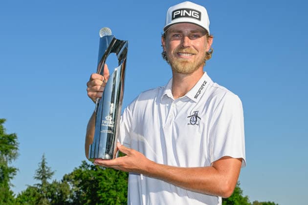 CHARLOTTE, NC - MAY 10: Kristoffer Reitan (NOR) holds the trophy for winning the Truist Championship on May 10, 2026, at the Quail Hollow Club in Charlotte, North Carolina. (Photo by Ken Murray Icon Sportswire) GOLF: MAY 10 PGA, Golf Herren Truist Championship EDITORIAL USE ONLY Icon2605100044