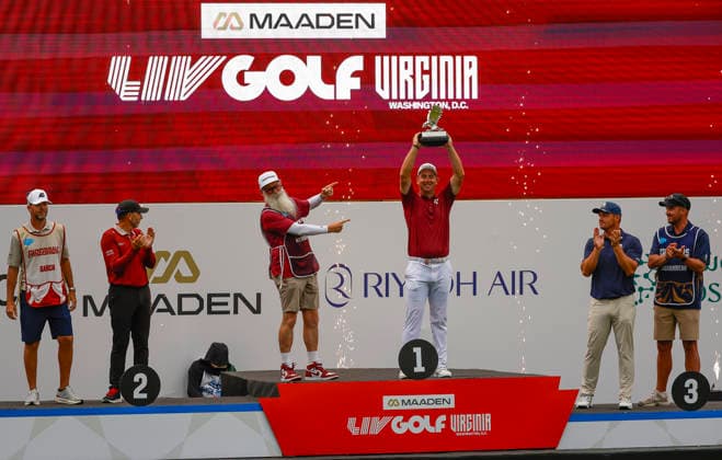 LIV 2026: Golf Virginia MAY 10 May 10, 2026: Lucas Herbert hoists the individual winner trophy after the final round of the LIV Golf Virginia on the Trump National Golf Club in Sterling, Virginia. Justin Cooper CSM (Credit Image: Â Justin Cooper Cal Media) Sterling Va United States of America EDITORIAL USE ONLY Copyright: xx ZUMA-20260510_zma_c04_087.jpg JustinxCooperx csmphotothree490291