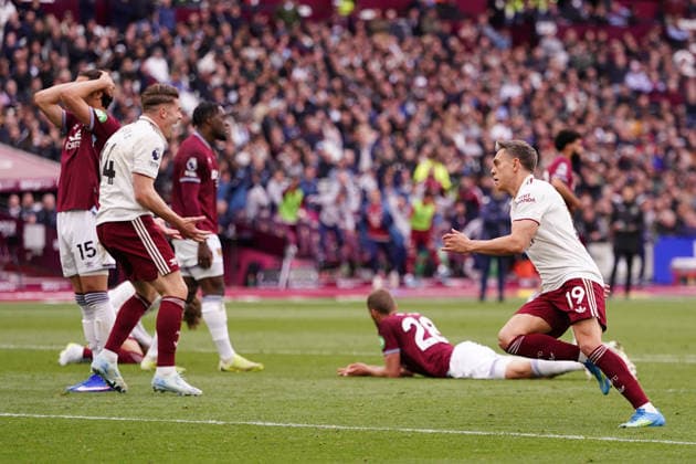 Premier League: West Ham United v Arsenal Leandro Trossard of Arsenal scores to make it 0-1 during the Premier League match West Ham United vs Arsenal at London Stadium, London, United Kingdom on 10 May 2026 (Photo by Harvey Murphy News Images) Copyright: xHarveyxMurphy NewsxImagesx