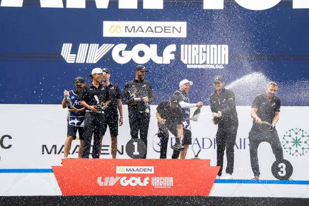 STERLING, VIRGINIA - MAY 10: Anthony Kim, Dustin Johnson, Thomas Pieters, ad Thomas Dietry of 4Aces GC celebrate winning the team title during day 4 of LIV Golf Virginia at Trump National Golf Club on May 10, 2026 in Sterling, Virginia. (Photo by Ben Hsu Icon Sportswire) GOLF: MAY 10 LIV Golf Virginia EDITORIAL USE ONLY Icon224260510058