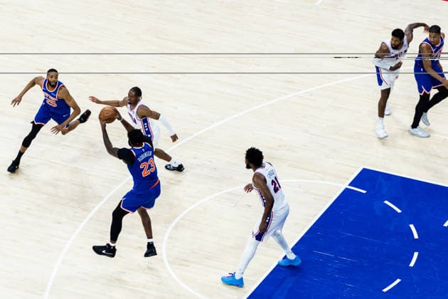 Philadelphia 76ers v New York Knicks - Game Four PHILADELPHIA, UNITED STATES - MAY 10: Mikal Bridges of the New York Knicks in action during Game 4 of the NBA, Basketball Herren, USA Eastern Conference Semifinals at Xfinity Mobile Arena on May 10, 2026 in Philadelphia, United States. Nathan Morris Anadolu Philadelphia United States. Editorial use only. Please get in touch for any other usage.  Copyright: x2026xAnadoluxNathanxMorrisx