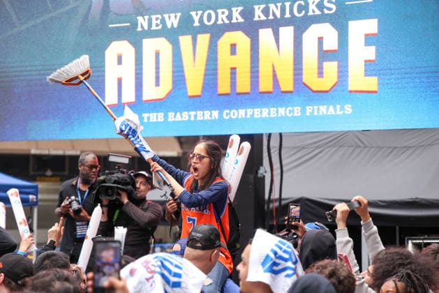 New York Knicks fans celebrate their advancement to the Eastern Conference New York Knicks fans celebrate their advancement to the Eastern Conference Finals in the Madison Square Garden area in New York on the night of Sunday, May 10, 2026 New York City NY United States Copyright: xWilliamxVolcovx