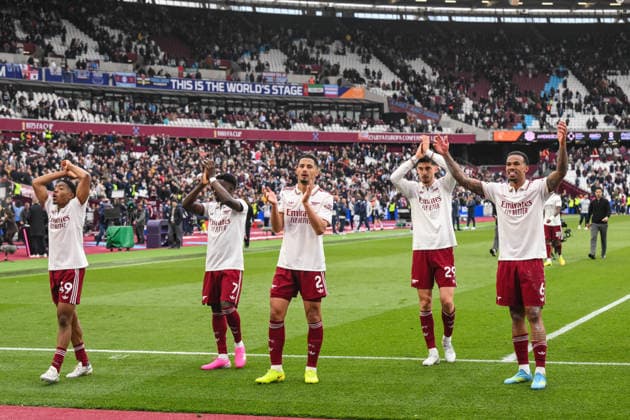 West Ham United v Arsenal - Premier League Arsenal players celebrate a win during the Premier League match between West Ham United and Arsenal at the London Stadium in Stratford, United Kingdom, on May 10, 2026. Stratford Greater London United Kingdom  Copyright: xMIxNewsx originalFilename:fletcher-westhamu260510_npo7O.jpg
