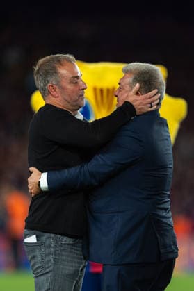Spanish LaLiga EA Sports FC Barcelona, Barca v Real Madrid CF in Barcelona, Spain. Hansi Flick, head coach of FC Barcelona and Joan Laporta during LaLiga EA Sports match El Clasico between FC Barcelona and Real Madrid CF in Spotify Camp Nou, Barcelona, Spain, on May 10, 2026. Barcelona Spotify Camp Nou Barcelona Spain