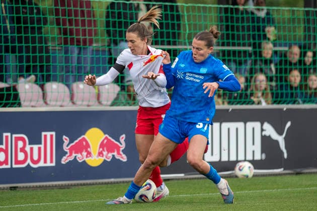 GER, Leipzig, Fußball, Google Pixel Frauen Bundesliga, 25. Spieltag, RB Leipzig vs. Bayer 04 Leverkusen im Bild v.l.: Sandra Starke (RB Leipzig 13), Carlotta Wamser (Bayer 04 Leverkusen 37), Zweikampf 11.05.2026, RB Leipzig Training Akademie Cottaweg Leipzig DFB REGULATIONS PROHIBIT ANY USE OF PHOTOGRAPHS AS IMAGE SEQUENCES AND OR QUASI-VIDEO, Copyright: HMBxMedia PaulxFritz