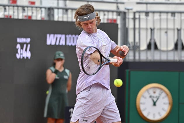 11th May 2026, Foro Italico, Rome, Italy; Italian Open Tennis, Day 8; Andrey Rublev RUS in action during men s singles match AllShotLive