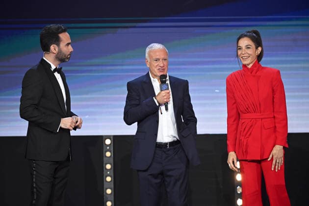Trophee UNFP 2026 Marina LORENZO (Journaliste LIGUE 1+) - Thibault LE ROL (Journaliste LIGUE 1+) - Didier DESCHAMPS (Selectionneur France) during the 2026 UNFP Trophy ceremony at Palais Brongniart on May 11, 2026 in Paris, France. Paris France  Copyright: xFEPx 776493480