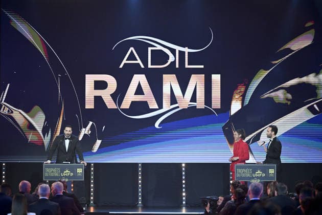 Trophee UNFP 2026 Adil RAMI - Marina LORENZO (Journaliste LIGUE 1+) - Thibault LE ROL (Journaliste LIGUE 1+) during the 2026 UNFP Trophy ceremony at Palais Brongniart on May 11, 2026 in Paris, France. Paris France  Copyright: xFEPx 776493480