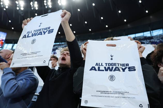 London, England, 11th May 2026. Tottenham fans hold up coloured sheets saying ˜All Together Always™ during the Tottenham Hotspur vs Leeds United Premier League match at the Tottenham Hotspur Stadium, London. Picture credit should read: Paul Terry Sportimage EDITORIAL USE ONLY. No use with unauthorised audio, video, data, fixture lists, club league logos or live services. Online in-match use limited to 120 images, no video emulation. No use in betting, games or single club league player publications. SPI_012_PT_Spurs_Leeds SPI-4794-0012