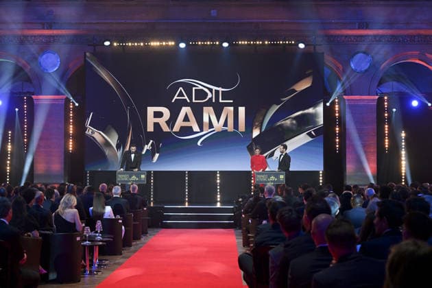 Trophee UNFP 2026 Adil RAMI - Marina LORENZO (Journaliste LIGUE 1+) - Thibault LE ROL (Journaliste LIGUE 1+) during the 2026 UNFP Trophy ceremony at Palais Brongniart on May 11, 2026 in Paris, France. Paris France  Copyright: xFEPx 776493480