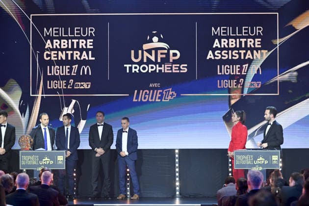Trophee UNFP 2026 Jerome BRISARD (ARBITRE) - Alexandre PERREAU NIEL (ARBITRE) - Marina LORENZO (Journaliste LIGUE 1+) - Thibault LE ROL (Journaliste LIGUE 1+) during the 2026 UNFP Trophy ceremony at Palais Brongniart on May 11, 2026 in Paris, France. Paris France  Copyright: xFEPx 776493480