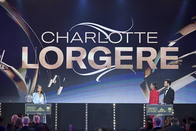 Trophee UNFP 2026 Charlotte LORGERE - Marina LORENZO (Journaliste LIGUE 1+) - Thibault LE ROL (Journaliste LIGUE 1+) during the 2026 UNFP Trophy ceremony at Palais Brongniart on May 11, 2026 in Paris, France. Paris France  Copyright: xFEPx 776493480