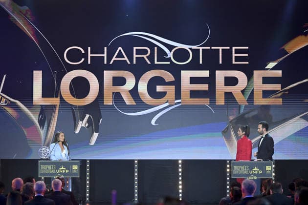 Trophee UNFP 2026 Charlotte LORGERE - Marina LORENZO (Journaliste LIGUE 1+) - Thibault LE ROL (Journaliste LIGUE 1+) during the 2026 UNFP Trophy ceremony at Palais Brongniart on May 11, 2026 in Paris, France. Paris France  Copyright: xFEPx 776493480