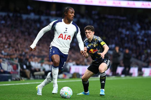 London, England, 11th May 2026. Mathys Tel of Tottenham Hotspur and Daniel James of Leeds United challenge for the ball during the Tottenham Hotspur vs Leeds United Premier League match at the Tottenham Hotspur Stadium, London. Picture credit should read: Paul Terry Sportimage EDITORIAL USE ONLY. No use with unauthorised audio, video, data, fixture lists, club league logos or live services. Online in-match use limited to 120 images, no video emulation. No use in betting, games or single club league player publications. SPI_020_PT_Spurs_Leeds SPI-4794-0020