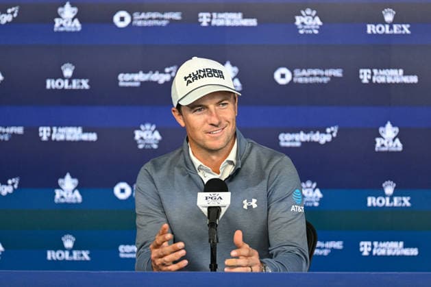 NEWTON SQUARE, PA - MAY 11: Jordan Spieth of United States of America is shown speaking with the media during the 2026 PGA, Golf Herren Championship on May 11th, 2026 at Aronimink Golf Club in Newtown Square, PA. (Photo by Terence Lewis Icon Sportswire) GOLF: MAY 11 PGA PGA Championship EDITORIAL USE ONLY Icon260511002