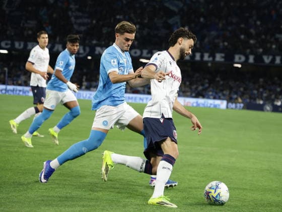 Serie A football match SSC Napoli vs Bologna Napoli s Spanish defender Miguel Gutierrez challenges for the ball with Bologna s Portuguese defender Joao Mario during the Serie A football match between SSC Napoli and Bologna at the Diego Armando Maradona Stadium in Naples, May 11, 2026. ABP18899 Copyright: xAntonioxBalascox