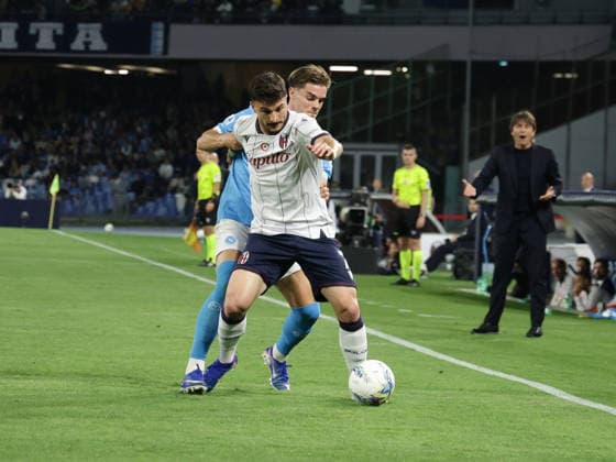 Serie A football match SSC Napoli vs Bologna Bologna s Italian forward Riccardo Orsolini challenges for the ball with Napoli s Spanish defender Miguel Gutierrez during the Serie A football match between SSC Napoli and Bologna at the Diego Armando Maradona Stadium in Naples, May 11, 2026. ABP19013 Copyright: xAntonioxBalascox